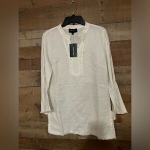 French Curve 100% LINEN roll tab sleeve  Mao Collar Tunic Top White Sz XS NWT